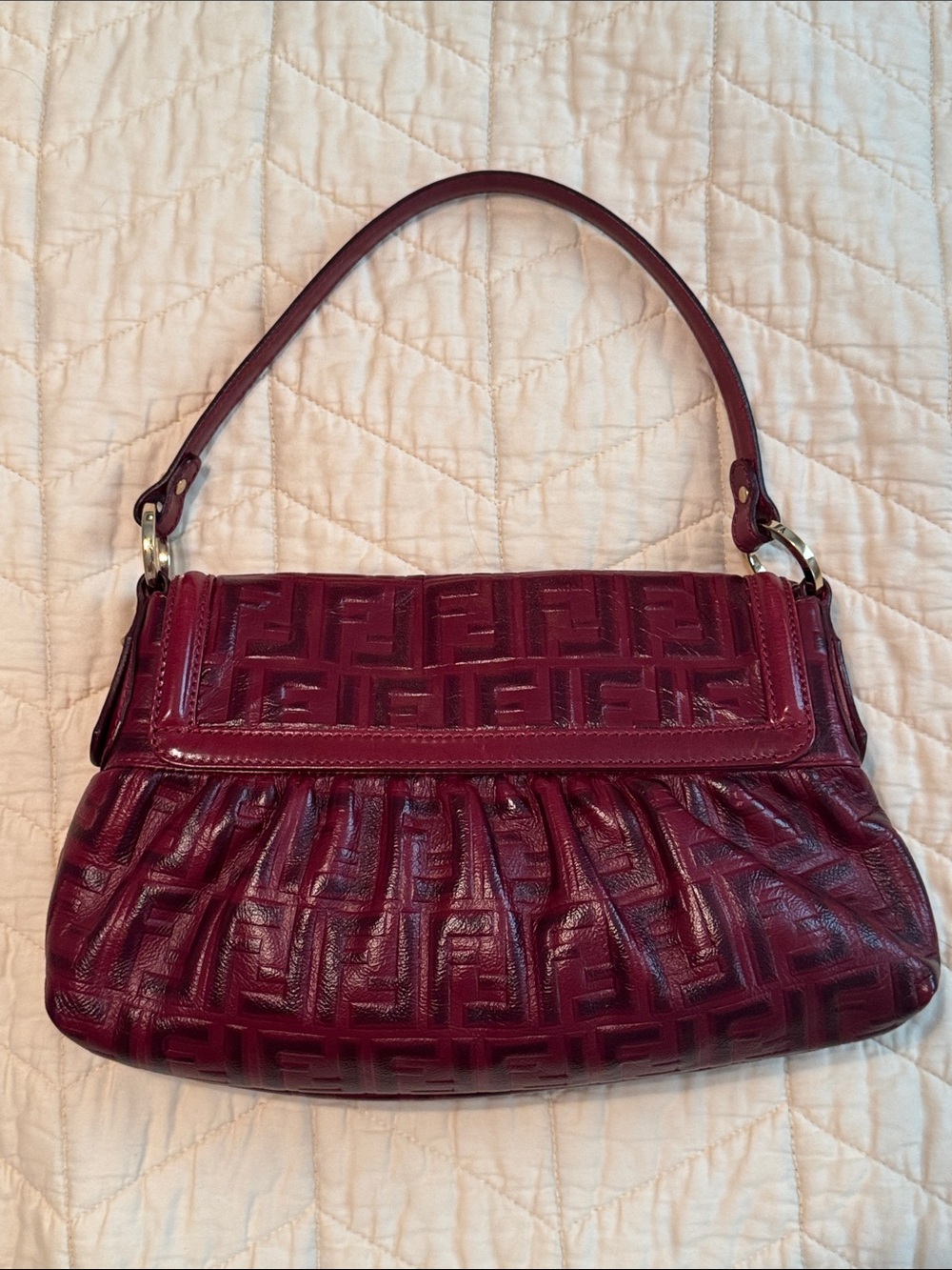 Authentic Fendi Wine Red Embossed FF Leather Shoulder Bag - Picture 6 of 12